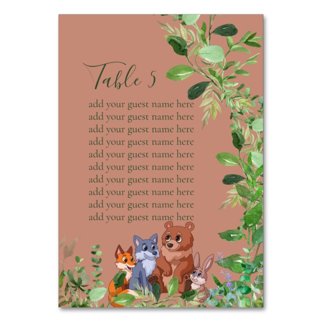 Seating Chart Woodland baby animal friends  Table Number (Front)