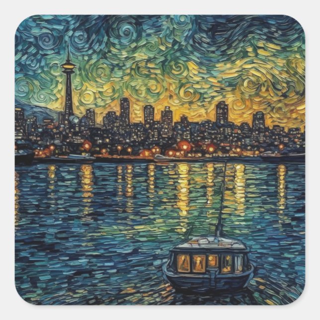 Seatle Space Needle in van Gogh style Square Sticker (Front)