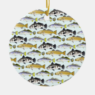 Seatrout and Drum Pattern in blue Ceramic Tree Decoration