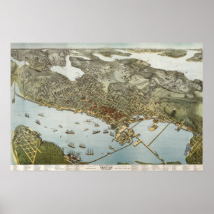 Seattle birdseye map - 1891 (Koch) BigMapBlog Poster