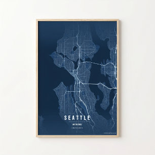 Seattle Blue Map Print Washington City Wall Art 