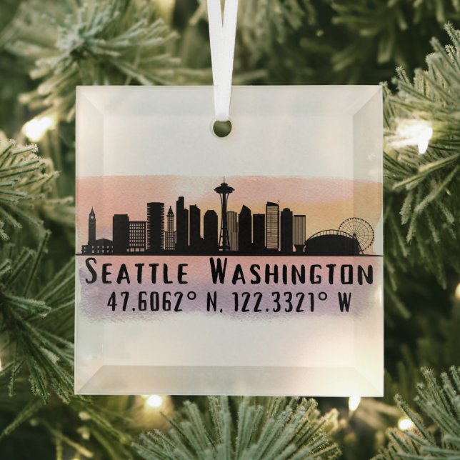Seattle City Skyline Latitude and Longitude  Glass Tree Decoration (Insitu)