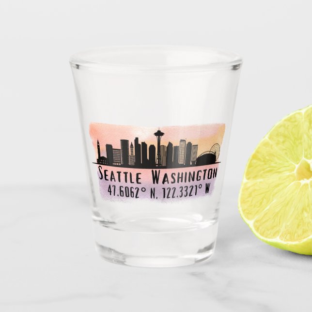 Seattle City Skyline Latitude and Longitude   Shot Glass (Front)