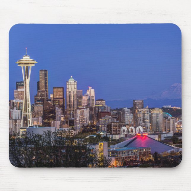 Seattle, Downtown and Mt. Rainier at Twilight Mouse Mat (Front)