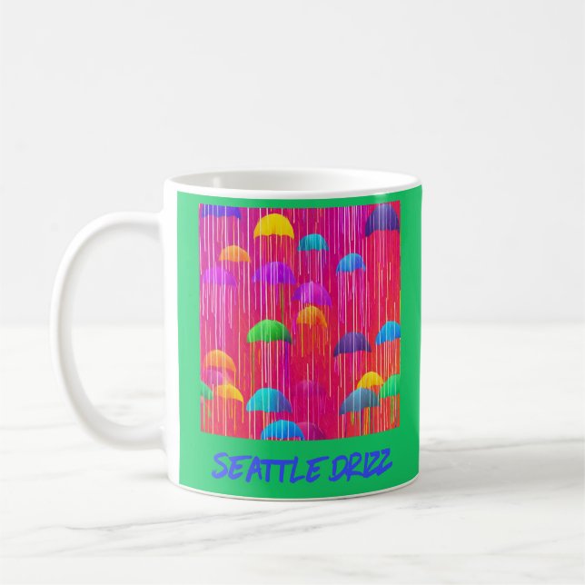Seattle Drizzle Colourful Umbrellas and Rain Coffee Mug (Left)