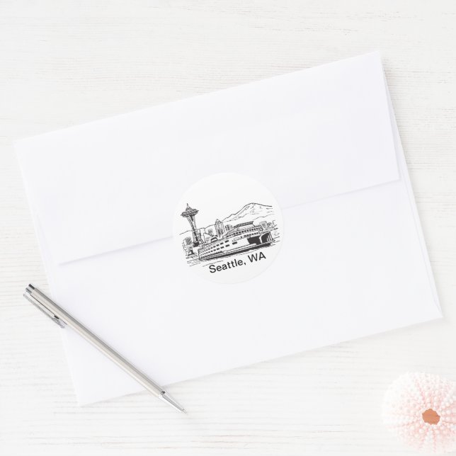 Seattle Ferry & Skyline Line Art Washington State Classic Round Sticker (Envelope)