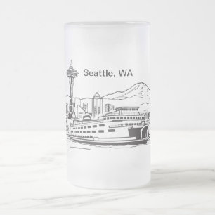 Seattle Ferry & Skyline Line Art Washington State Frosted Glass Beer Mug
