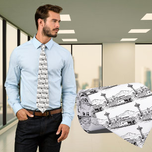 Seattle Ferry & Skyline Line Art Washington State Tie