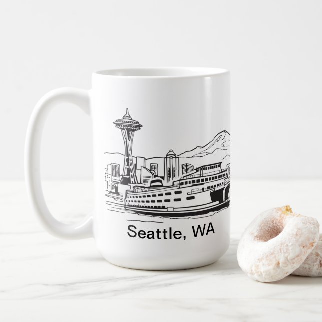 Seattle Ferry & Skyline Washington State Line Art  Coffee Mug (With Donut)