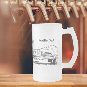 Seattle Ferry & Skyline Washington State Line Art  Frosted Glass Beer Mug