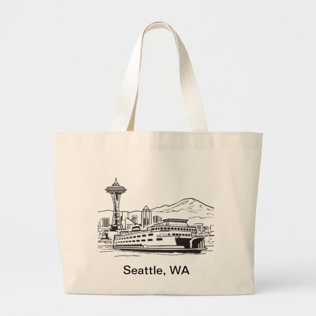 Seattle Ferry Washington State Line Art Large Tote Bag (Front)