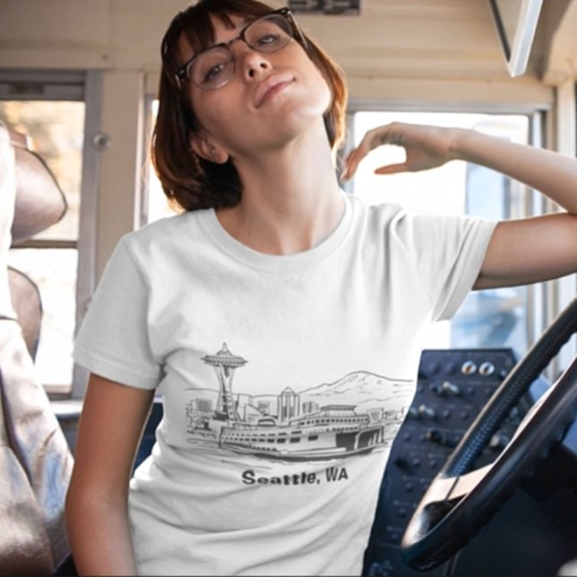 Seattle Ferry Washington State Line Art Women T-Shirt (Seattle Ferry Washington State Line Art Women T-Shirt, travel, space needle, white shirt, travel)