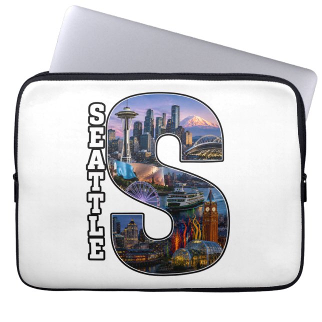 Seattle Landmark Initial Letter Art Laptop Sleeve (Front)