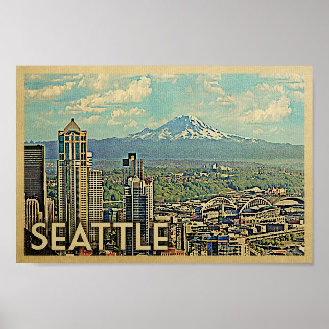 Seattle Poster Vintage Travel Poster Mount Rainier (Front)