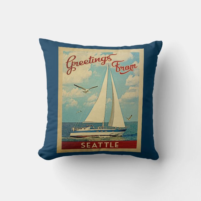 Seattle Sailboat Vintage Travel Washington Cushion (Front)