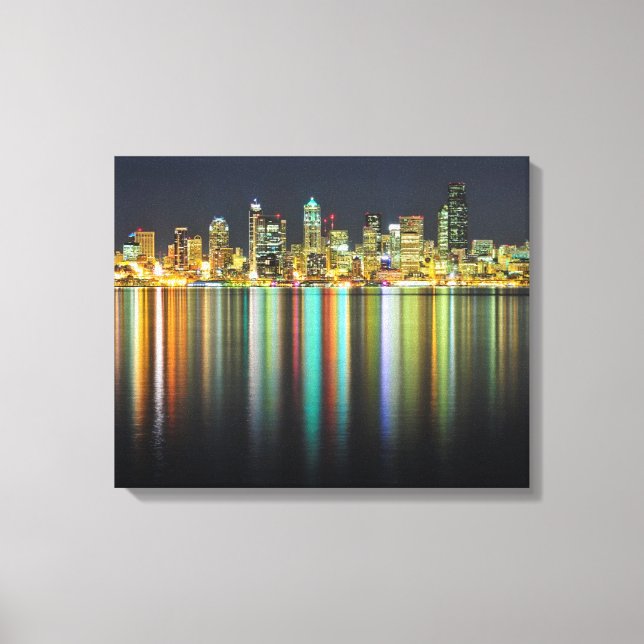 Seattle skyline at night with reflection canvas print (Front)