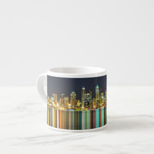 Seattle skyline at night with reflection espresso cup
