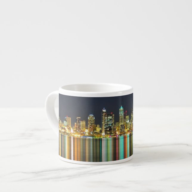 Seattle skyline at night with reflection espresso cup (Front Left)