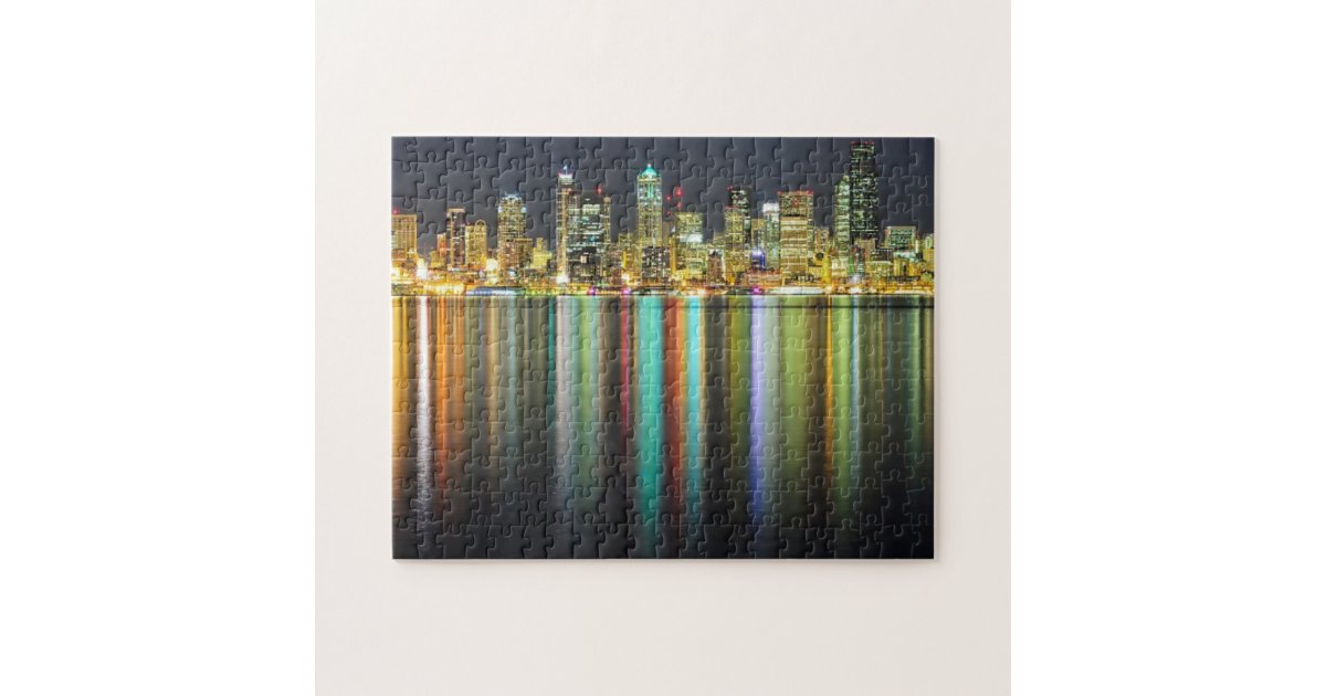Seattle skyline at night with reflection jigsaw puzzle | Zazzle