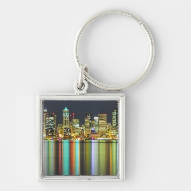 Seattle skyline at night with reflection key ring (Front)