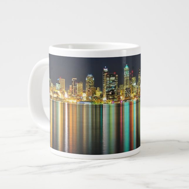 Seattle skyline at night with reflection large coffee mug (Front Left)