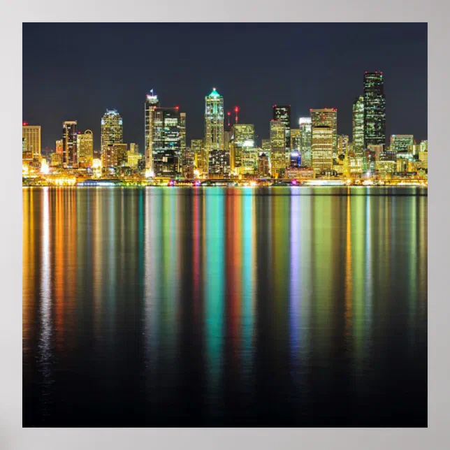 Seattle skyline at night with reflection poster | Zazzle