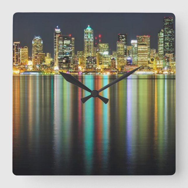 Seattle skyline at night with reflection square wall clock (Front)