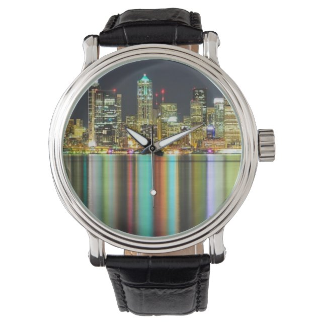 Seattle skyline at night with reflection watch (Front)