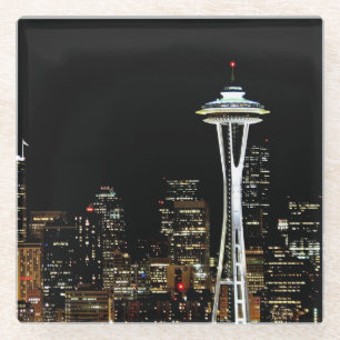 Seattle skyline at night, with Space Needle. Glass Coaster