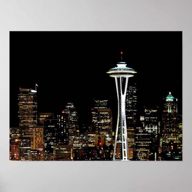 Seattle skyline at night, with Space Needle. Poster (Front)