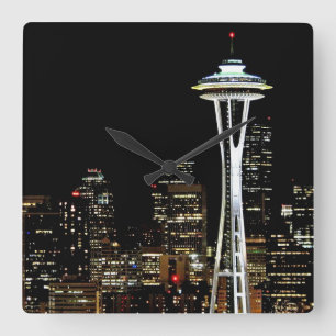 Seattle skyline at night, with Space Needle. Square Wall Clock