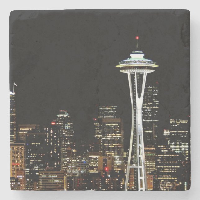 Seattle skyline at night, with Space Needle. Stone Coaster (Front)