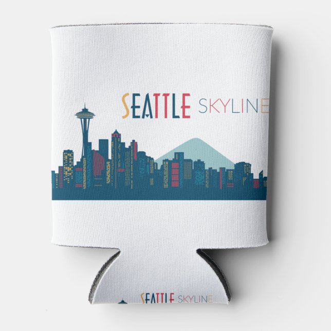 Seattle Skyline Blue Can Cooler (Front)