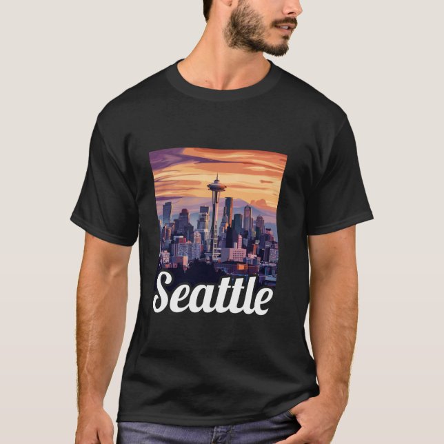 Seattle Skyline Cityscape on sunset Seattle Washin T-Shirt (Front)