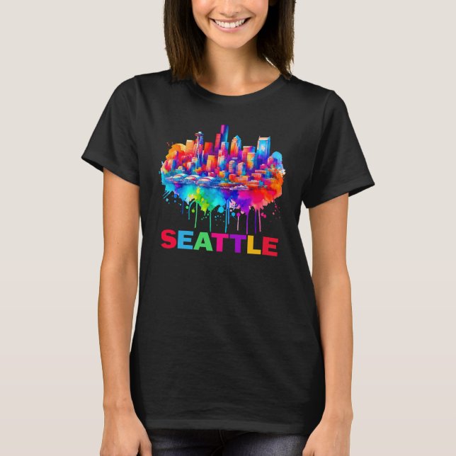 Seattle Skyline Colourful Design T-Shirt (Front)