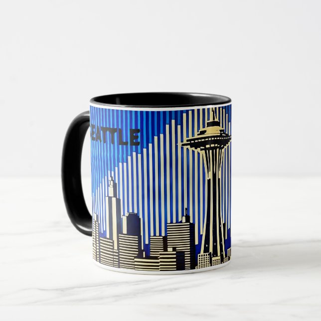Seattle Skyline in BAUHAUS optical illusion style Mug (Front Left)