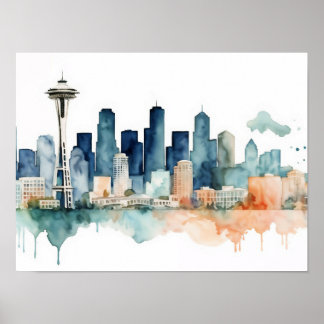 Seattle Skyline in Watercolor hues Poster
