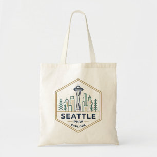 Seattle Skyline Line Art Gold Blue Badge Tote Bag