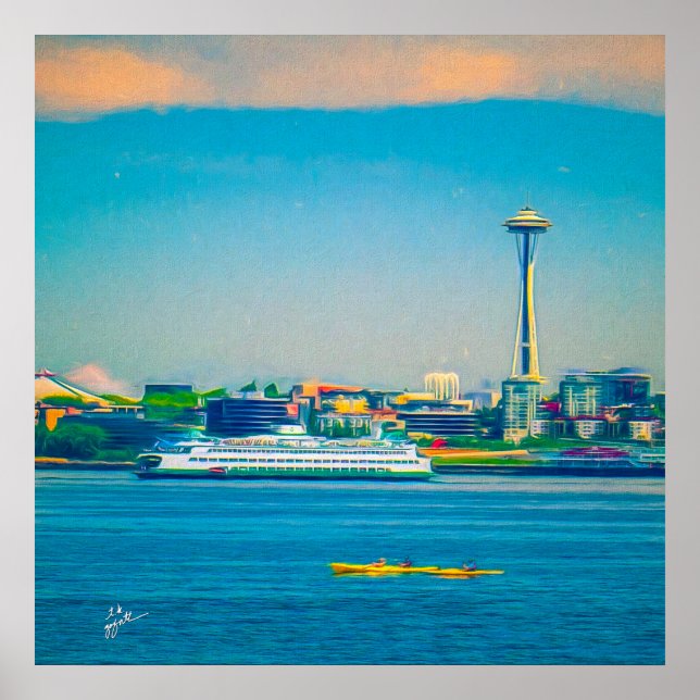 Seattle Skyline Modern Watercolor Unique Poster (Front)