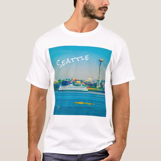 Seattle Skyline Modern Watercolor Unique T-Shirt (Front)