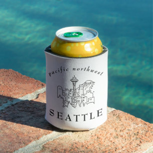 Seattle Skyline Pacific Northwest Minimal Outline  Can Cooler