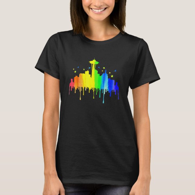 Seattle Skyline Rainbow Space Needle Gay Pride Mon T-Shirt (Front)