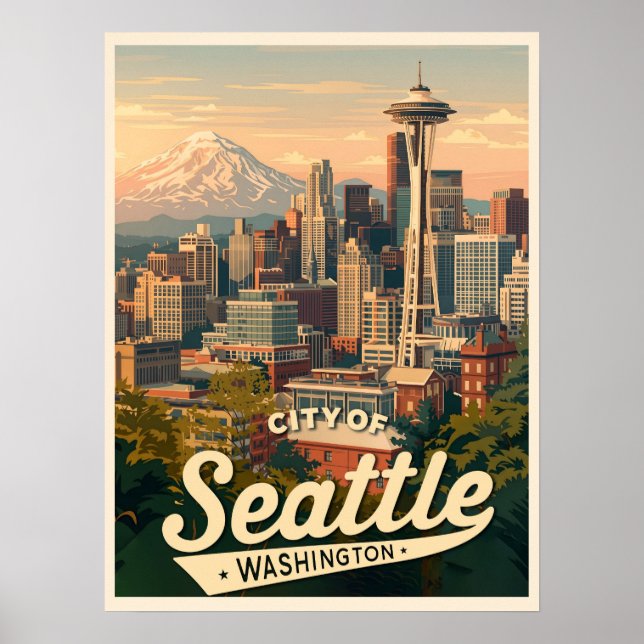 Seattle Skyline – Space Needle & Mount Rainier Poster (Front)