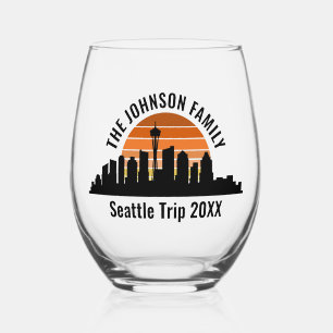 Seattle Skyline Sunset Custom Family Trip Stemless Wine Glass