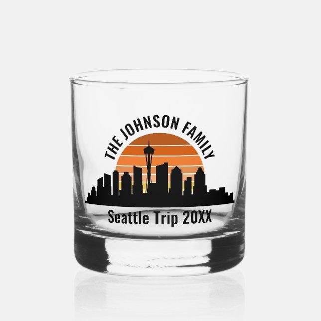 Seattle Skyline Sunset Custom Family Trip Whiskey Glass (Front)