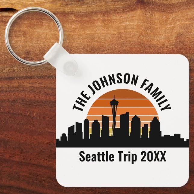 Seattle Skyline Sunset Custom Family Vacation Key Ring (Front)