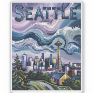 Seattle Skyline Van Gogh Style Vintage Travel Art