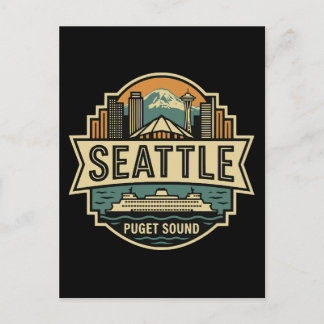 Seattle Skyline Washington USA Retro Badge Postcard
