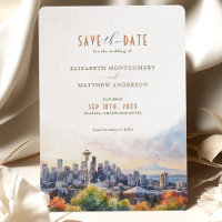 Seattle Skyline Watercolor Save the Date Wedding