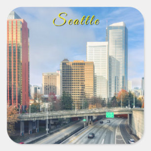 Seattle Skyline with Highway Square Sticker